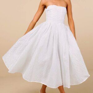 Lulus Analeia Ivory Jacquard Lace-up Strapless Midi Dress White - Size M
